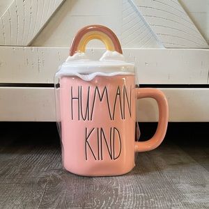 Rae Dunn HUMAN KIND mug with rainbow topper